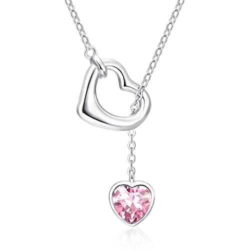 Qings Damen Turmalin Geburtsstein Oktober Kette Sterling Silber 925 Herz Anhänger Halskette mit Glänzendem Heart Zirkonia Geburtstag Weihnachten Muttertag Schmuck Geschenk für Mutter Mädchen von Qings