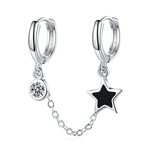 Qings Doppelt Durchbohrte Stern Ohrringe Creolen - Black Star Punk Rock Ohrringe aus 925 Sterling Silber Doppelte Piercing Ketten Anhänger Zirkon Schmuck Geschenke für Damen Mädchen von Qings