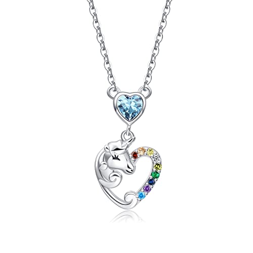 Qings Einhorn Halskette 8 März Geschenke für Frauen Silber 925 Birthstone Halsketten Geburtstagsgeschenk mit Herz Aquamarin Anhänger Kette Schmuck für Mädchen Damen von Qings