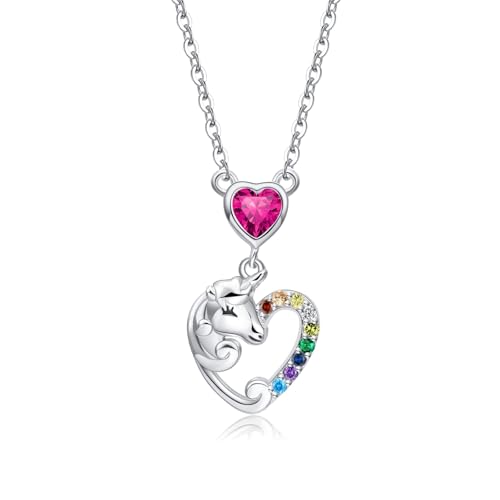 Qings Einhorn Halskette Mädchen Geschenke Pferd Anhänger Silber 925 Geburtsstein Birthstone Halsketten Geburtstagsgeschenk mit Herz Kristallen Kette Schmuck für Kleinkind Frauen Tochter von Qings