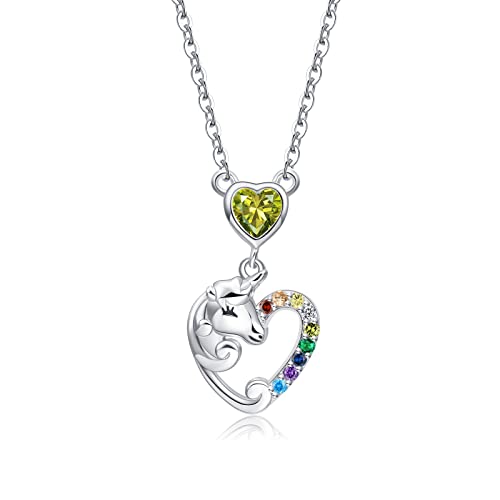 Qings Einhorn Halskette Silber 925 Little Mädchen Geschenke Geburtsstein Peridot Halskette August Geburtstags Geschenk mit Herz Regenbogen Anhänger Kette Schmuck für Mädchen Tochter von Qings