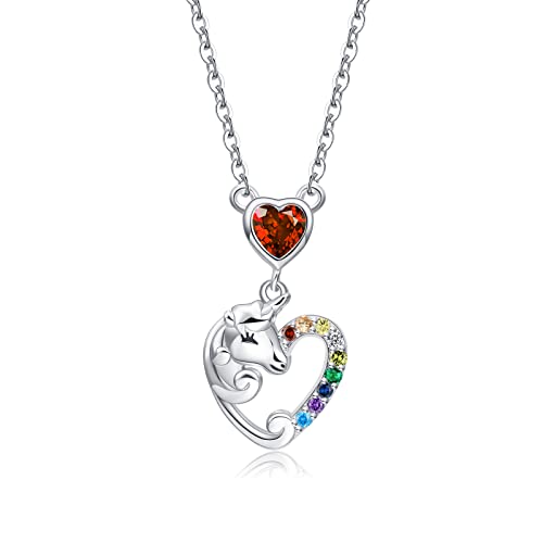 Qings Einhorn Mädchen Halskette Geschenke Silber 925 Granat Halsketten Januar Geburtstags Geschenk mit Herz Birthstone Anhänger Kette Schmuck für Maedchen Frauen Tochter von Qings