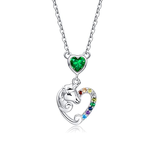 Qings Einhorn Mädchen Halskette Silber 925 Geburtsstein Diopsid Halsketten Geburtstagsgeschenk mit Herz Einhörner Anhänger Kette Schmuck für Mama Tochter von Qings