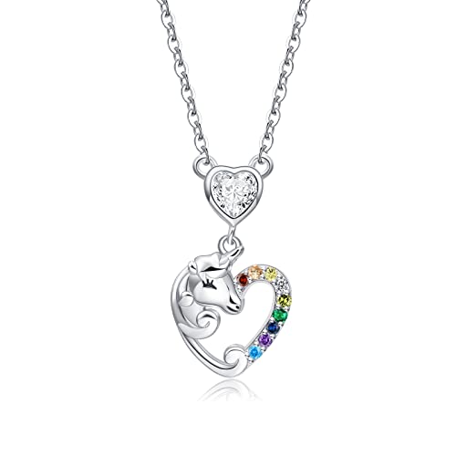 Qings Einhorn Mädchen Halskette mit Herz Anhänger Geschenke Silber 925 Geburtsstein Moissanite Halsketten Ostergeschenk Kette Schmuck für Mädchen Frauen von Qings