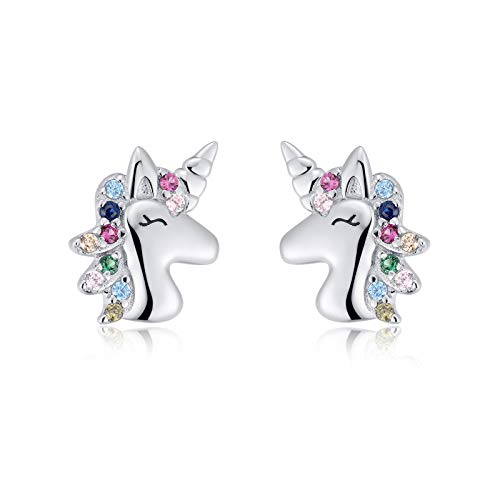 Qings Einhorn Ohrringe 925 Sterling Silber Kleine Ohrstecker Einhorn Bunte Zirkonia Ohrstecker Ohrringe für Kinder Tier Ohrringe Teenager Mädchen von Qings