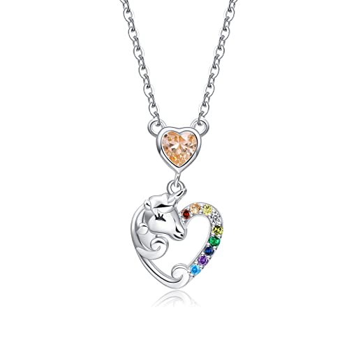 Qings Einhorn Silber Halskette mit Herz Kettenanhänger Geburtsstein Topas Anhänger Kette Birthstone Schmuck für Mädchen Frauen Tochter von Qings