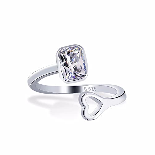 Qings Einstellbar Geburtsstein Ring für Damen, 925 Sterling Silber Hohl Liebesherz April Geburtsstein Kristall Ringe Quadrat Zirkonia Offene Ringe Geburtstags Geschenk für Frauen Mädchen von Qings