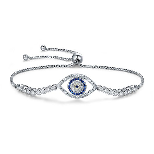 Qings Einstellbare Böses Auge Armband gemacht 925 Sterling Silber Blaue Kristalle, Weißes Gold Plattiert, Schmucksache Geschenk für Frauen Mädchen von Qings