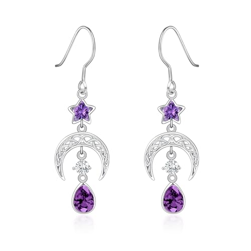 Qings Februar Amethyst Geburtsstein Ohrringe für Damen 925 Sterling Silber Keltische Mond und Stern Tropfen Ohrringe mit Ovalen Zirkonia Geburtstags Schmuckgeschenke für Familie und Freunde von Qings