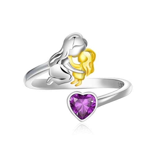 Qings Februar Amethyst Geburtsstein Ring mit Mama Töchter Design 925 Sterling Silber Mutter und Tochter Herz Zirkonia Ring von Qings