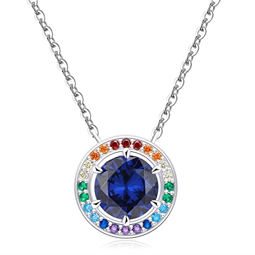 Qings Fine Jewelry September Birthstone Halsketten für Frauen Sterling Silber Erstellt Edelstein Runde Anhänger Halskette mit bunten CZ Jubiläum Geburtstagsgeschenke für Mädchen Frau Mutter Tochter von Qings