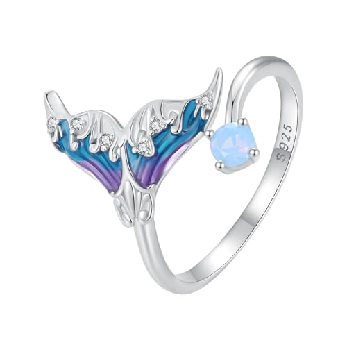 Qings Fischschwanz Ring Damen 925 Sterling Silber Meerjungfrauen Verstellbarer Offener Ring Sommer Ozean Tiere Schmuck Geschenke für Mädchen von Qings