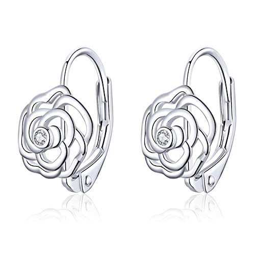 Qings Funkelnde Rose Blume Ohrring Creolen 925 Sterling Silber Liebe winzige eingelegte Zirkonia als Geschenk für Frauen und Mädchen von Qings