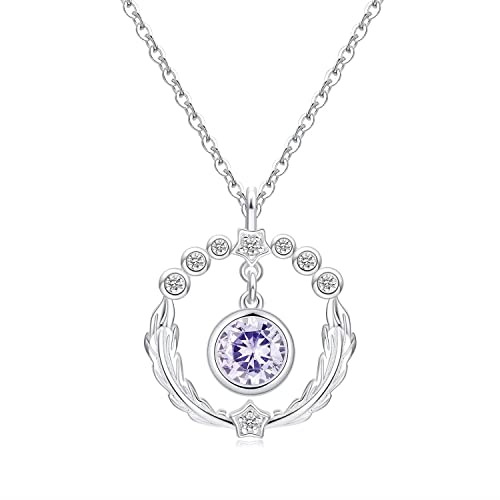 Qings Geburtsstein Feder Halskette für Damen 925 Sterling Silber Kreis Feder Anhänger Halskette Funkelnd Kubik Zirkonia Halskette Geburtsta Gsgeschenk für Frauen Freundin Mädchen von Qings