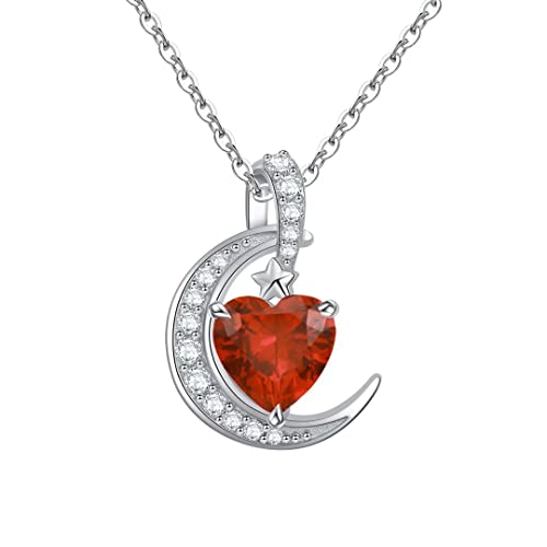 Qings Geburtsstein Kette Januar Damen Granat Halskette Sterling Silber Anhänger Mond mit Herz Rote Edelstein Kette für Mädchen von Qings