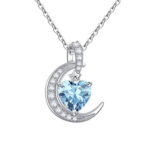 Qings Geburtsstein Kette März Halskette Mond Aquamarin Herz Anhänger mit Blauer Edelstein für Damen Mädchen Mama von Qings