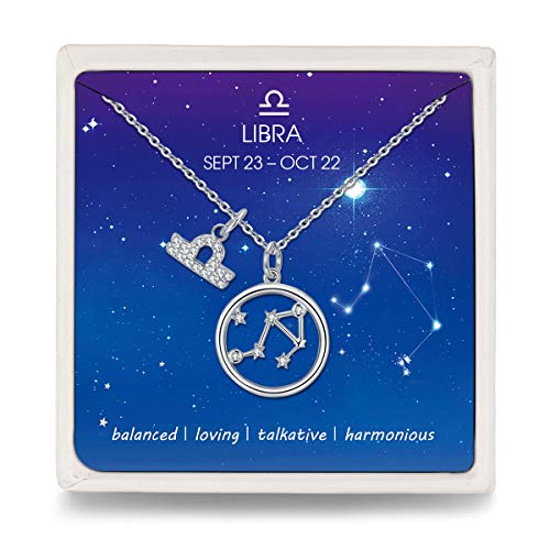 Qings Halskette Damen 925 Silber Waage Sternzeichen Zodiac Kette mit Kreis Stern Zirkonia Anhänger, Geschenk für Muttertag Valentinstag Weihnachten Geburtstag von Qings