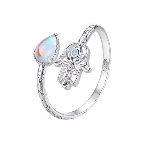 Qings Hand of Fatima Verstellbarer Ringe für Damen 925 Sterling Silber Hamsa Offener Ring Lotus Yoga Ring Glücklich Protective Ringe Schmuck Geschenke für Damen Mädchen von Qings