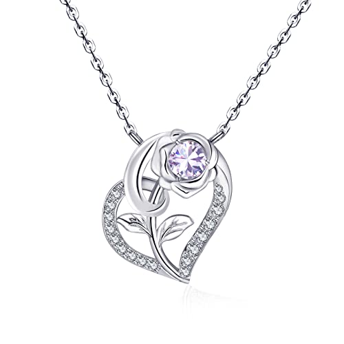 Qings Herz Alexandrit Geburtsstein Kette mit Rosen Anhänger 925er Silber Damen Juni Birthstone 5A Zirkonia Halskette Geburtstag Muttertag Valentinstag Schmuck Geschenk für Freundin Mutter von Qings