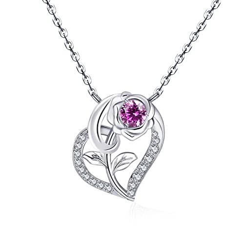 Qings Herz Amethyst Geburtsstein Kette mit Rosen Anhänger 925er Silber Damen Februar Birthstone 5A Zirkonia Halskette Geburtstag Muttertag Valentinstag Schmuck Geschenk für Freundin Mutter von Qings