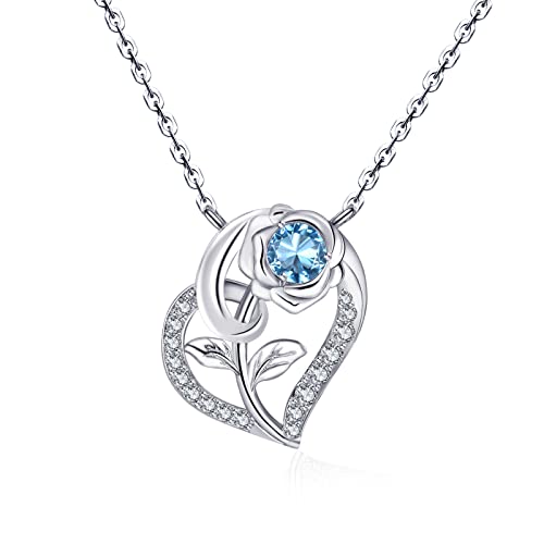 Qings Herz Aquamarin Geburtsstein Kette mit Rosen Anhänger 925er Silber Damen März Birthstone 5A Zirkonia Halskette Geburtstag Muttertag Valentinstag Weihnachten Schmuck Geschenk für Freundin Mutter von Qings
