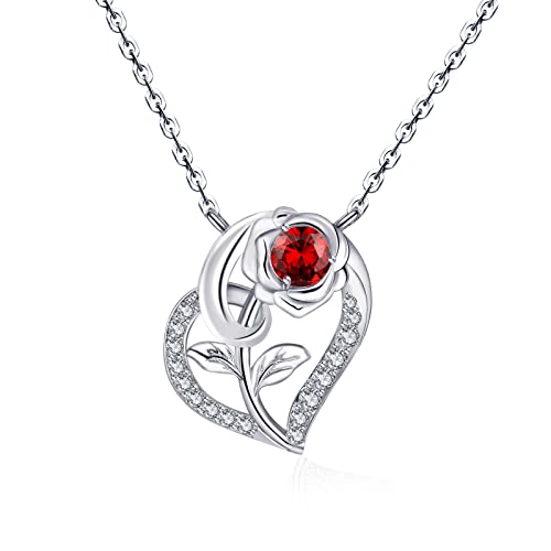 Qings Herz Granat Geburtsstein Kette mit Rosen Anhänger 925er Silber Damen Januar Birthstone 5A Zirkonia Halskette Geburtstag Muttertag Valentinstag Weihnachten Schmuck Geschenk für Freundin Mutter von Qings