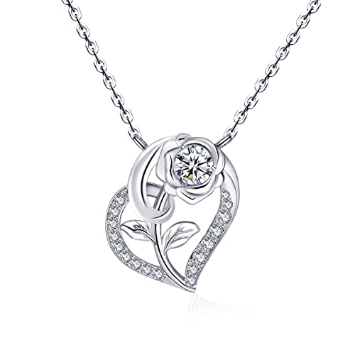 Qings Herz Moissanit Geburtsstein Kette mit Rosen Anhänger 925er Silber Damen April Birthstone 5A Zirkonia Halskette Geburtstag Muttertag Valentinstag Schmuck Geschenk für Freundin Mutter von Qings