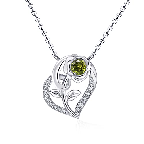 Qings Herz Peridot Geburtsstein Kette mit Rosen Anhänger 925er Silber Damen August Birthstone 5A Zirkonia Halskette Geburtstag Muttertag Valentinstag Weihnachten Schmuck Geschenk für Freundin Mutter von Qings