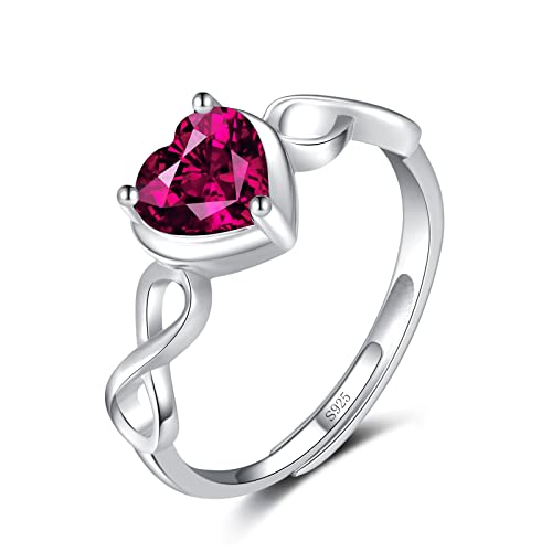 Qings Herz Rubin Geburtsstein Juli Ringe für Damen 925 Sterling Silber Verstellbarer Offener Unendlichkeits Hochzeit Ring mit Zirkonia Geburtstag Weihnachten Schmuck Geschenke für Mutter von Qings