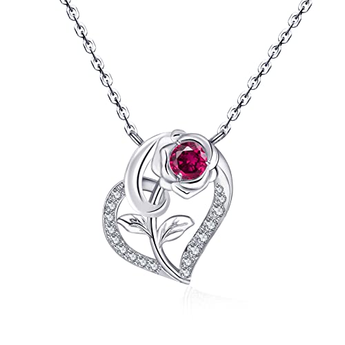 Qings Herz Rubin Geburtsstein Kette mit Rosen Anhänger 925er Silber Damen Juli Birthstone 5A Zirkonia Halskette Geburtstag Muttertag Valentinstag Weihnachten Schmuck Geschenk für Freundin Mutter von Qings