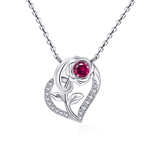 Qings Herz Rubin Geburtsstein Kette mit Rosen Anhänger 925er Silber Damen Juli Birthstone 5A Zirkonia Halskette Geburtstag Muttertag Valentinstag Weihnachten Schmuck Geschenk für Freundin Mutter von Qings