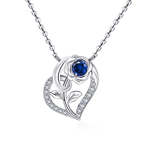 Qings Herz Saphir Geburtsstein Kette mit Rosen Anhänger 925er Silber Damen September Birthstone 5A Zirkonia Halskette Geburtstag Valentinstag Weihnachten Schmuck Geschenk für Freundin Mutter von Qings