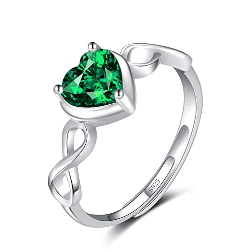 Qings Herz Smaragd Geburtsstein Mai Ringe für Damen 925 Sterling Silber Verstellbarer Offener Unendlichkeits Hochzeit Ring mit Zirkonia Geburtstag Weihnachten Schmuck Geschenke für Mutter von Qings
