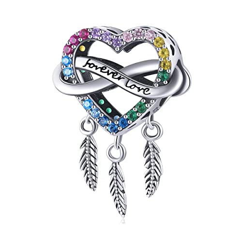 Qings Herzförmige Traumfänger-Perlen Buntes Herz hohle Unendlichkeit Feder für immer Liebe Anhänger Charme 925er Sterling Silber für Armband Halskette eleganter zierlicher Geschenk für Frauen von Qings