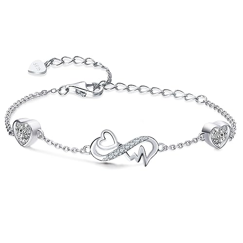 Qings Infinity Armband Damen Sterling Silber Unendlichkeit Herz April Moissanit Geburtsstein Armbänder Verstellbar EKG Herzschlag Armreif Edelstein Armkette Schmuck Geburtstags Geschenk für Mädchen von Qings