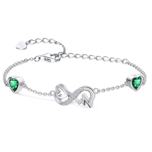 Qings Infinity Armband Damen Sterling Silber Unendlichkeit Herz Mai Smaragd Geburtsstein Armbänder Verstellbar EKG Armreif Grün Edelstein Armkette Schmuck Muttertag Geschenk für Großmutter Mama Frauen von Qings