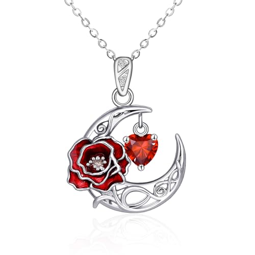 Qings Januar Granat Geburtsstein Halskette Sterling Silber 925 Mond Anhänger Halskette con Nelke Geburt Blume 12 Monat Geburt Stein Geburtstag Jahrestag Geschenke für Damen von Qings