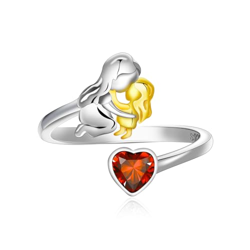 Qings Januar Granat Geburtsstein Ring mit Mama Töchter Design 925 Sterling Silber Mutter und Tochter Herz Zirkonia Ring von Qings