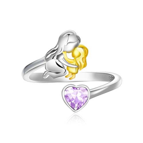 Qings Juni Alexandrit Geburtsstein Ring mit Mama Töchter Design 925 Sterling Silber Mutter und Tochter Herz Zirkonia Ring von Qings