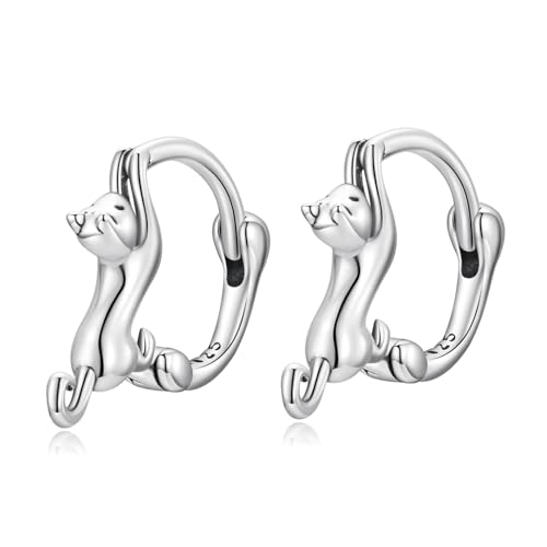 Qings Katze Creolen Ohrringe für Damen, 925 Sterling Silber Süß Klein Katzen Creolens Ohrring Tier Mini Hoop Huggie, Schöne Schmuck Katzen Geschenk für Frauen Mädchen Tochter von Qings