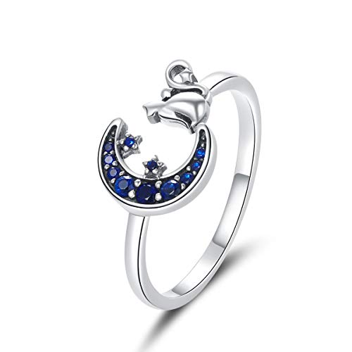 Qings Ring Katze Ring MäDchen Damen Einstellbar Finger Ringe Ring Mond Silber 925 Damen, Zirkonia Silberringe Ring Tier öFfnen Blau Mond Stern Ringe Ring MäDchen Teenager von Qings