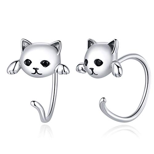 Qings Katze Ohrringe 925 Sterling Silber Hypoallergene Creolen Ohrringe für Empfindliche Ohren, Schmuck Geschenke für Frauen Mädchen Kinder von Qings