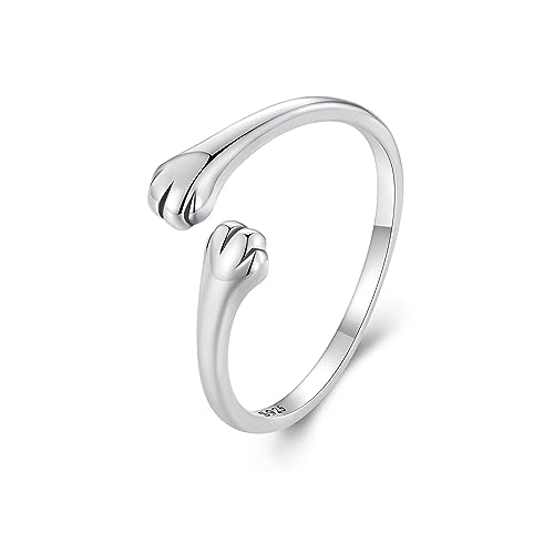 Qings Katze Umarmung Ringe für Damen, 925 Sterling Silber Verstellbarer Katzen Pfote Rings Stapelbare Süß Tier Pfotenabdruck Offener Finger Ring, Schöne Schmuck Geburtstags Geschenk für Frauen Mädchen von Qings