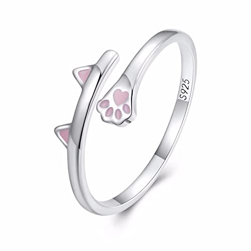 Qings Katze Verstellbarer Ring für Damen, 925 Sterling Silber Offener Tiere Ringe Rosa Emaille Stapelbare Mode Ring Schmuck Geschenk für Frauen Mädchen von Qings