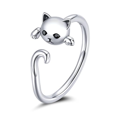 Qings Katze Verstellbarer Ring für Damen 925 Sterling Silber Schwarz Katze Ringe Fingerringe Offener Süß Tier Rings, Schöne Schmuck Katzen Geschenk für Frauen Mädchen Frauen von Qings