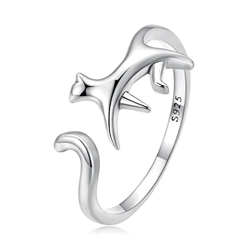 Qings Katze Verstellbarer Ring für Damen 925 Sterling Silber Schwarz Katze Ringe Offener Süß Tier Rings, Mode Schmuck Katzen Geschenk für Frauen Mädchen Frauen von Qings