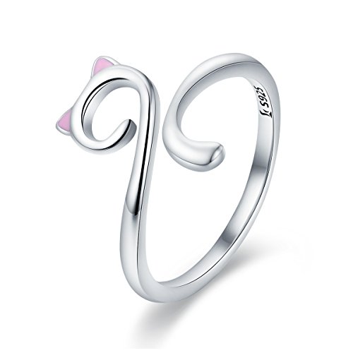 Katze Verstellbarer Ring für Damen 925 Sterling Silber Süß Katze Ringe Rosa Ohr Kitty Offener Tier Rings, Mode Schmuck Katzen Geschenk für Frauen Mädchen Frauen von Qings