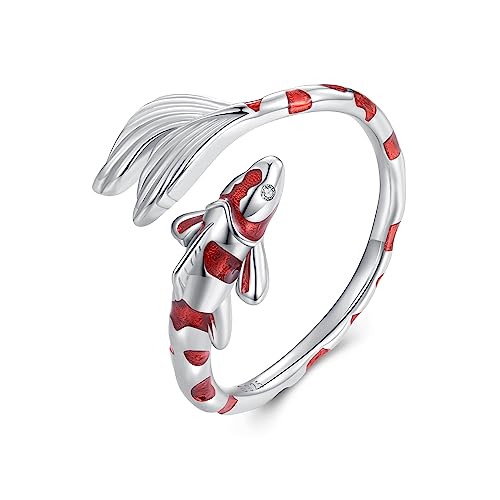 Qings Koi Fisch Verstellbarer Ring für Damen 925 Sterling Silber Niedliches Roter Karpfen Goldfisch Offener Emaille Tier Ringe Glücklich Geburtstag Weihnachten Schmuck Geschenke für Mädchen Männer von Qings