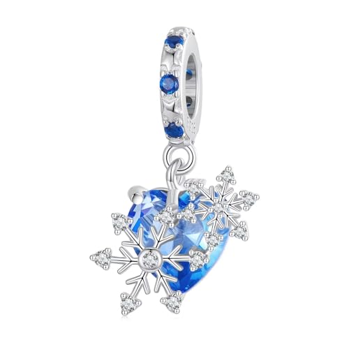 Qings Kristallklare Schneeflocken Charms Funkelnde blaue Herz Anhänger Perle 925 Sterling Silber zum Neujahr aus dem Winter von Qings
