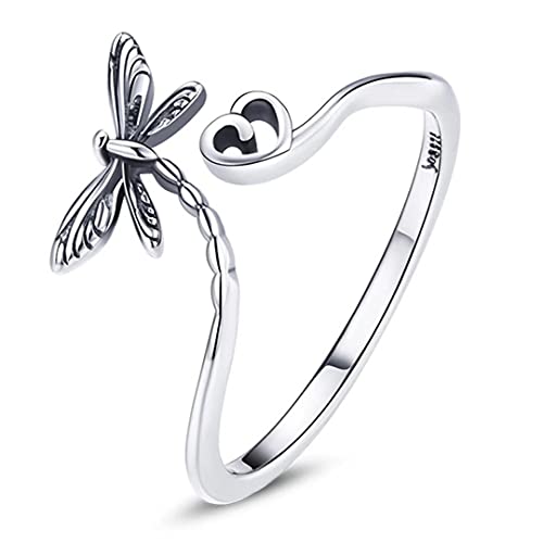 Qings Libelle Ringe Sterling Silber Offene Größe Einstellbar Libellen Herz Mode Niedlich Einfach Tiere Rings Retro Jahrgang Stil Fingerring Geburtstags Geschenke für Frauen Mädchen von Qings